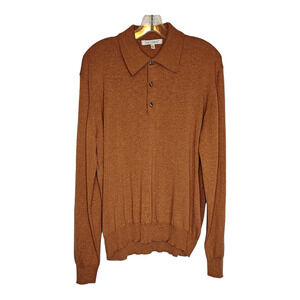 TravelSmith VTG‎ Brown Collared Sweater Men's Large Marino Wool Qtr Button Cozy